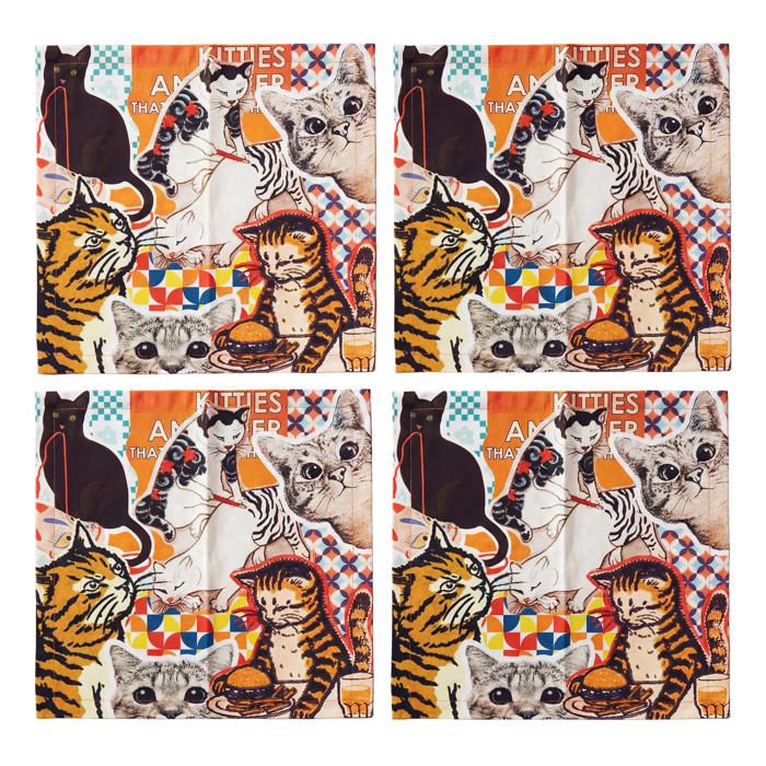 Cats Collage Cloth Napkins Set of 4 | Vintage Style Cotton Cat Print Napkins | 18" x 18"
