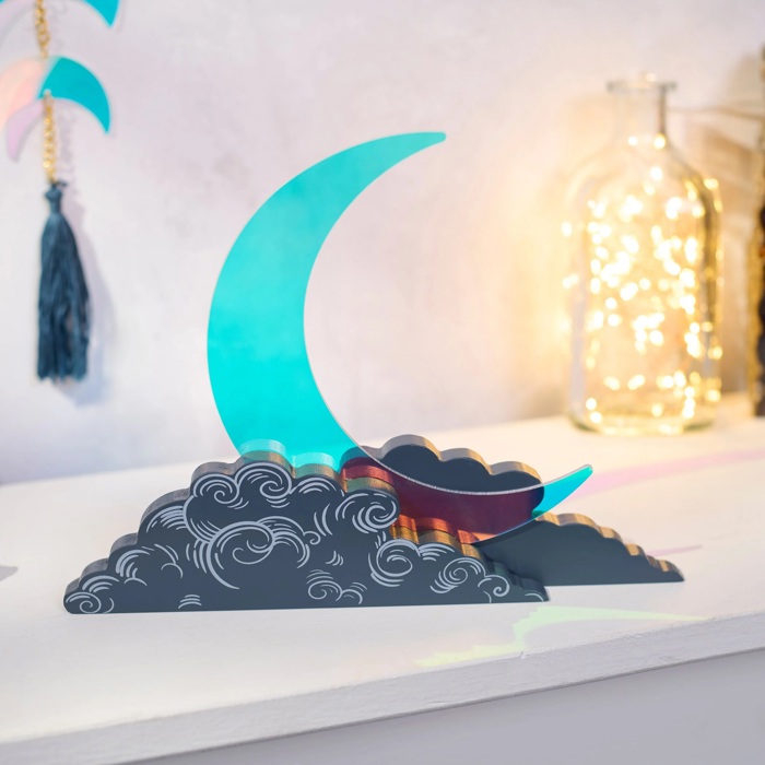 Crescent Moon Shelf Decor | Double-Sided Freestanding Acrylic Wood Celestial Decoration | 9.50" x 7.50"