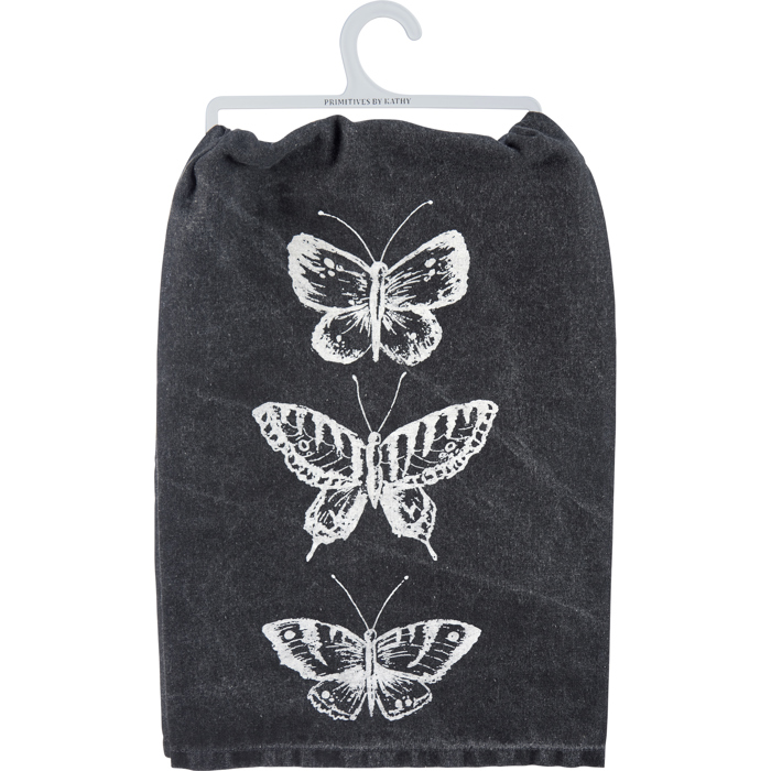 Dark Butterflies Kitchen Towel | Cotton Tea Hand Dish Cloth Black Stonewashed | 28" x 28"