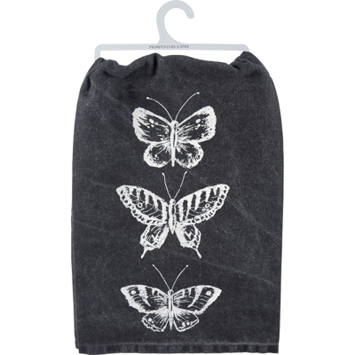Dark Butterflies Kitchen Towel | Cotton Tea Hand Dish Cloth Black Stonewashed | 28" x 28"