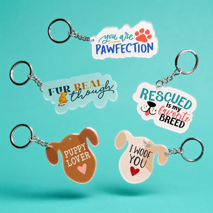 Dog and Cat Themed Acrylic Keychains | 5 Style Options | Rescue Is My Favorite Breed, I Woof You & Puppy Lover