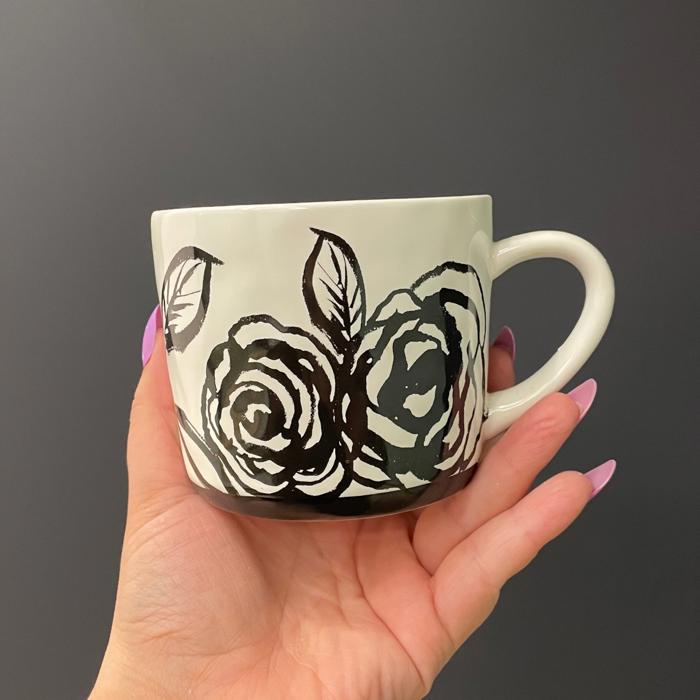 Forever & Always Mug in White with Black Floral Art | Valentine's Day Bridal Wedding Romance Giftable Coffee Tea Cup | 15oz