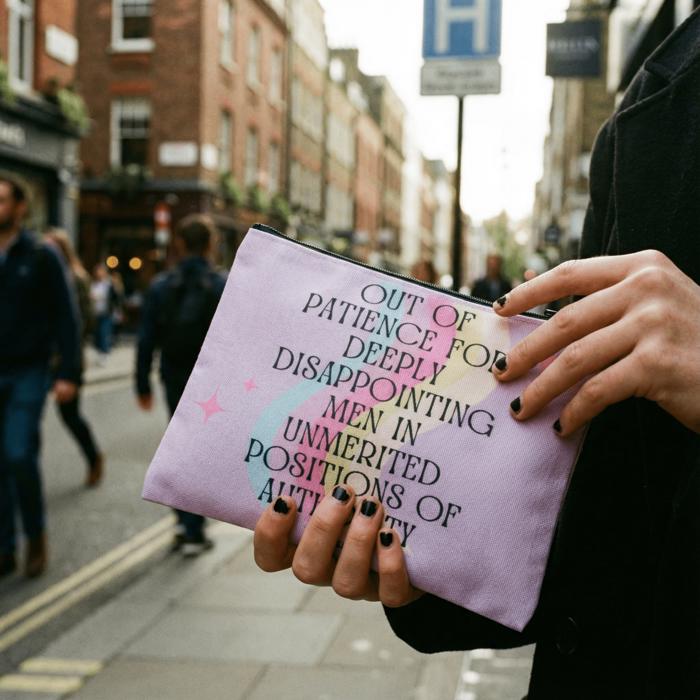 Out of Patience with Disappointing Men Feminist Canvas Zipper Pouch 9.5" x 7" | Cosmetics Bag or Pencil Case
