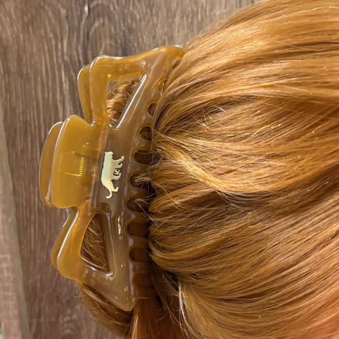 Giant Caramel Megabow Hair Claw for Long, Thick Hair | Panther Icon in Gold Foil