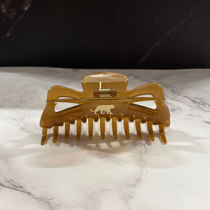 Giant Caramel Megabow Hair Claw for Long, Thick Hair | Panther Icon in Gold Foil