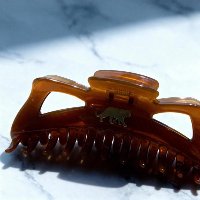 Giant Caramel Megabow Hair Claw for Long, Thick Hair | Panther Icon in Gold Foil