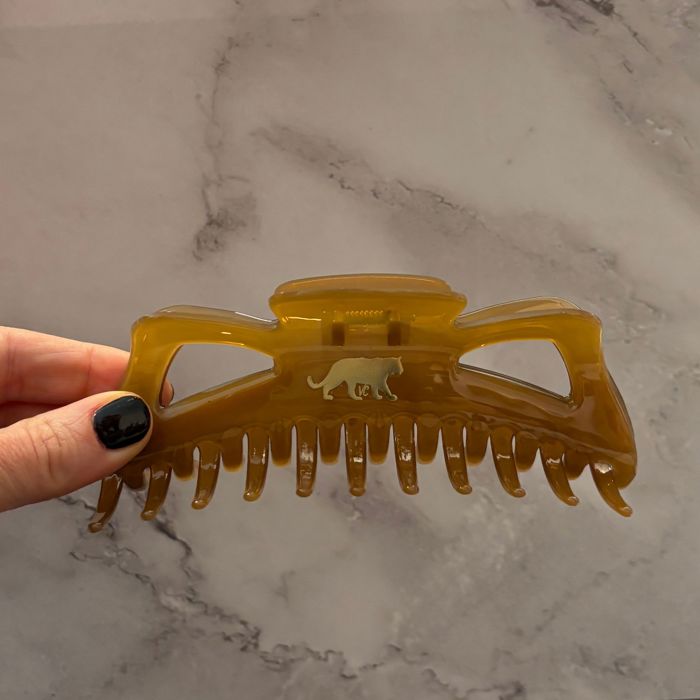 Giant Caramel Megabow Hair Claw for Long, Thick Hair | Panther Icon in Gold Foil