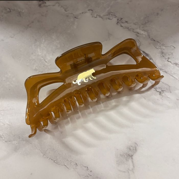 Giant Caramel Megabow Hair Claw for Long, Thick Hair | Panther Icon in Gold Foil
