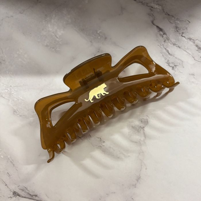 Giant Caramel Megabow Hair Claw for Long, Thick Hair | Panther Icon in Gold Foil