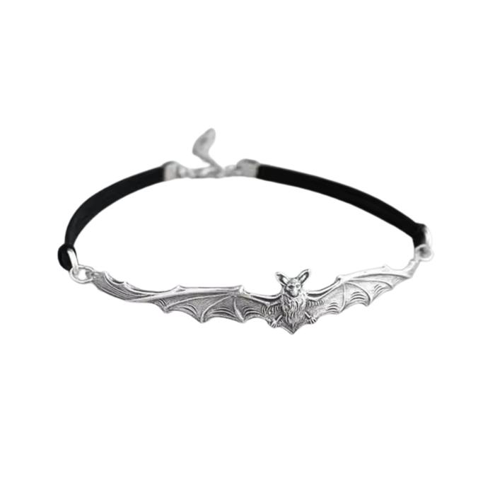 Gothic Bat Choker | Silver Bat Pendant on Black Cord | Silver Hardware