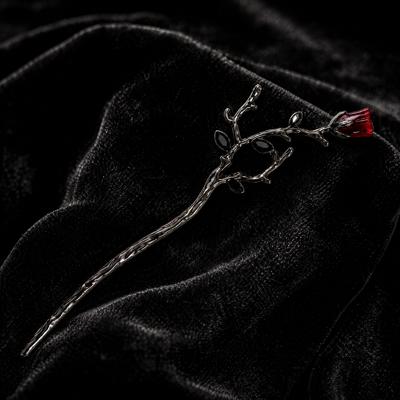 Gothic Rose Hair Stick | Dark Metal Bun Pin with Red Rose & Black Gems