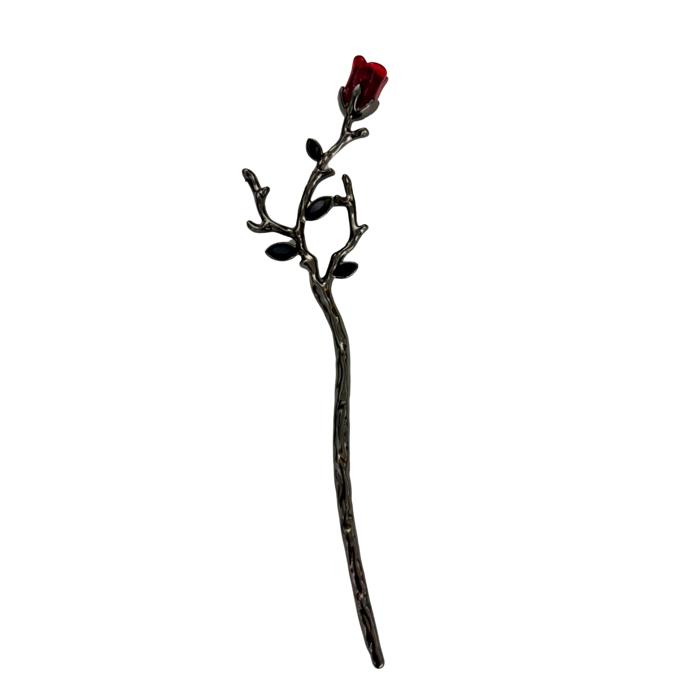 Gothic Rose Hair Stick | Dark Metal Bun Pin with Red Rose & Black Gems
