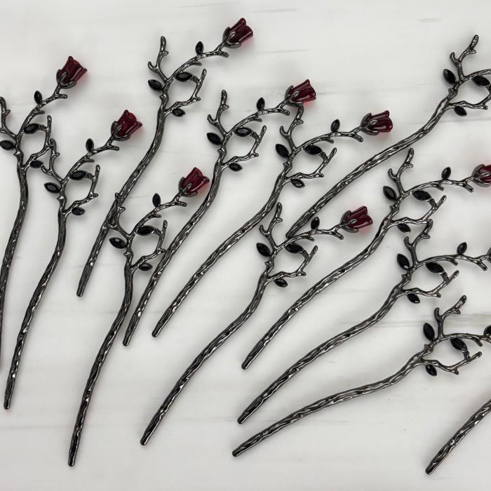 Gothic Rose Hair Stick | Dark Metal Bun Pin with Red Rose & Black Gems