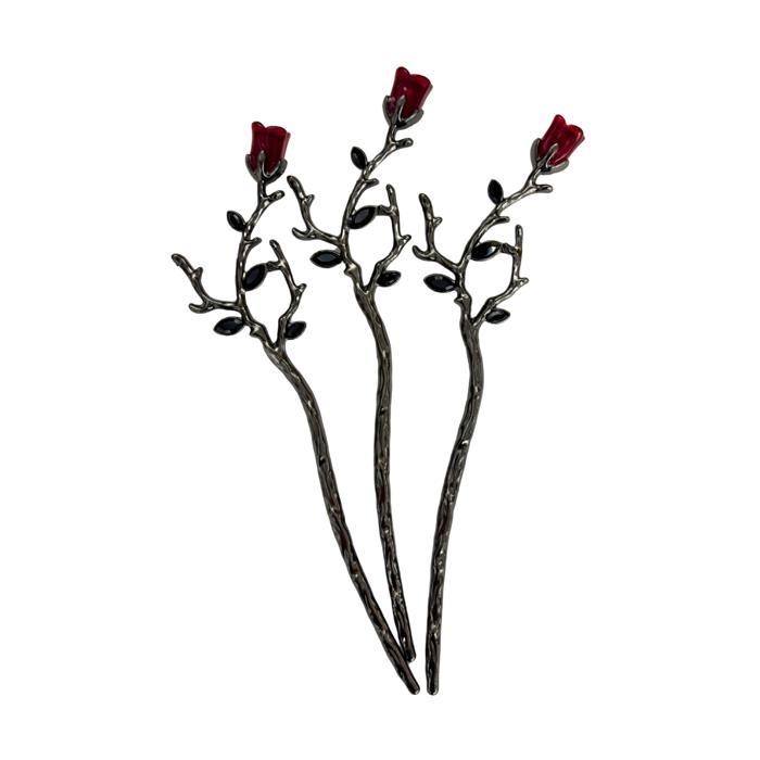 Gothic Rose Hair Stick | Dark Metal Bun Pin with Red Rose & Black Gems
