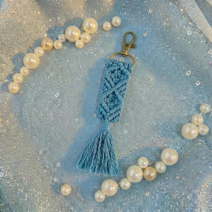 Macrame Bag Charm Keychain in Teal | Hand Knotted Tasseled Key Ring | Purse Accessory with Lobster Clip