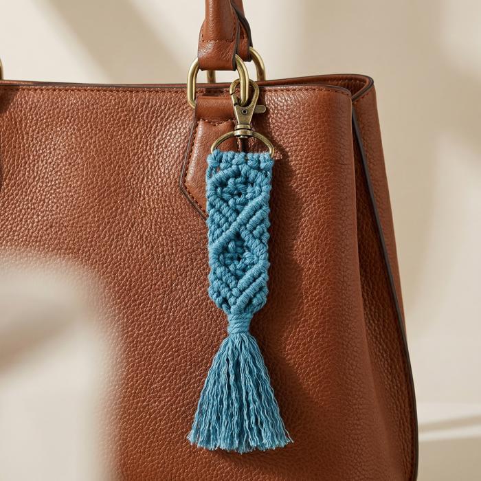 Macrame Bag Charm Keychain in Teal | Hand Knotted Tasseled Key Ring | Purse Accessory with Lobster Clip