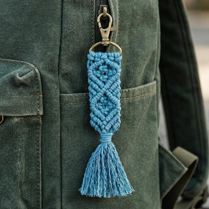 Macrame Bag Charm Keychain in Teal | Hand Knotted Tasseled Key Ring | Purse Accessory with Lobster Clip