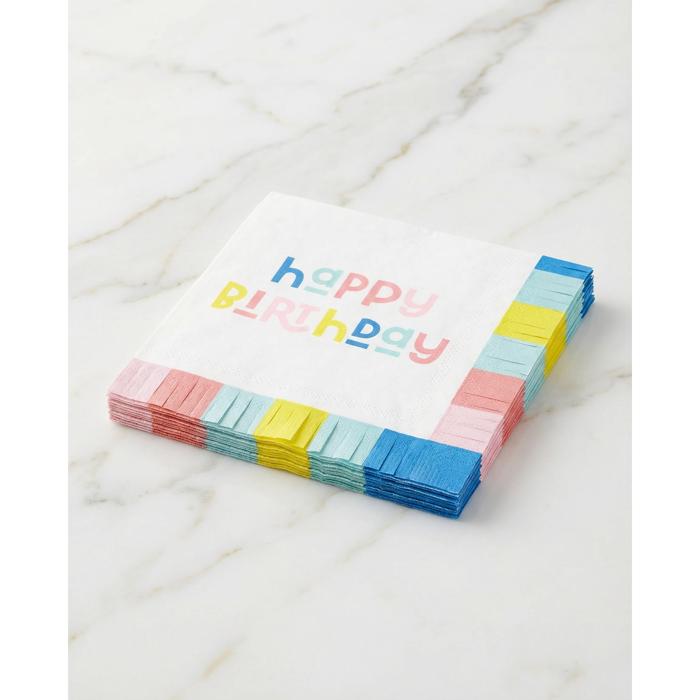 Happy Birthday Fringed Party Napkins | Cocktail Size Paper Napkins | 5”