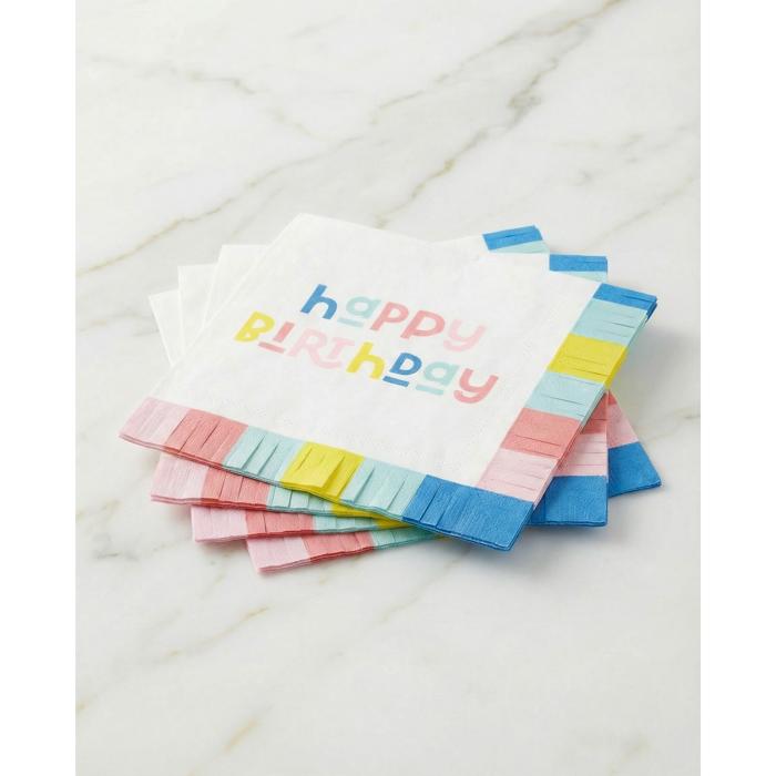 Happy Birthday Fringed Party Napkins | Cocktail Size Paper Napkins | 5”