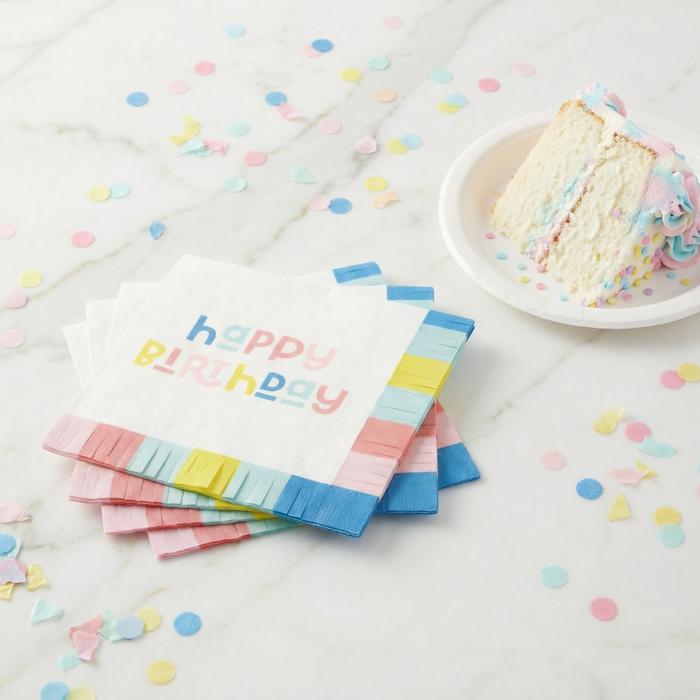 Happy Birthday Fringed Party Napkins | Cocktail Size Paper Napkins | 5”