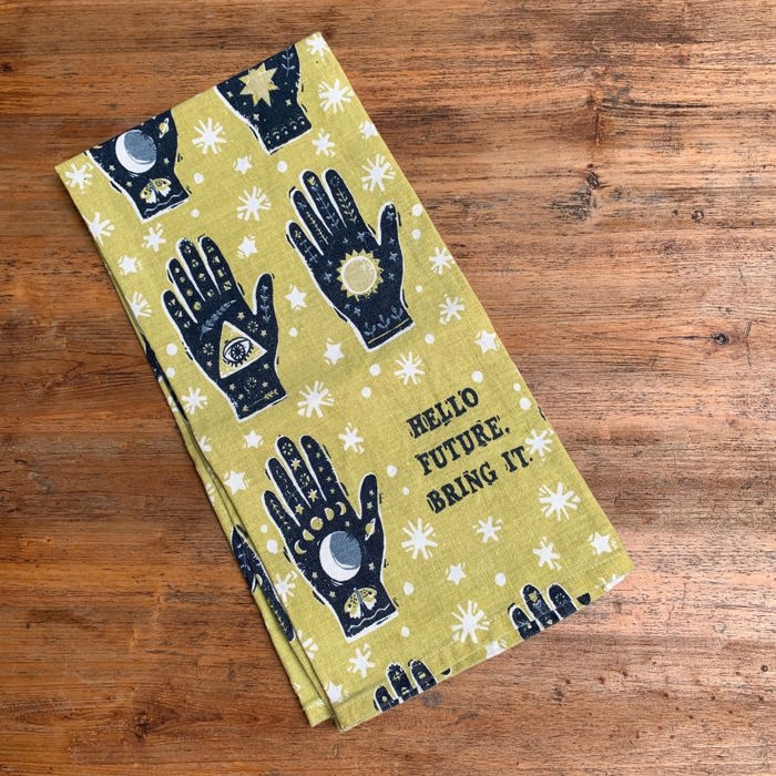 Hello Future Bring It Mystical Hand Zipper Pouch and Dish Tea Towel - All-Over Astrology Design in Yellow and Black