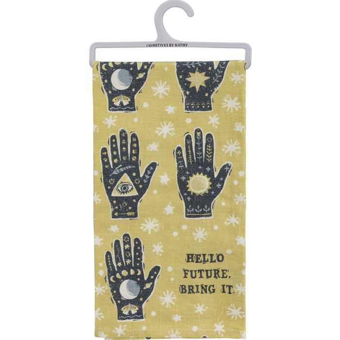 Hello Future Bring It Mystical Hand Zipper Pouch and Dish Tea Towel - All-Over Astrology Design in Yellow and Black