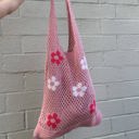  Hippie Boho Knitted Flower Tote | Floral Print Soft Shoulder Bag in Groovy Pink