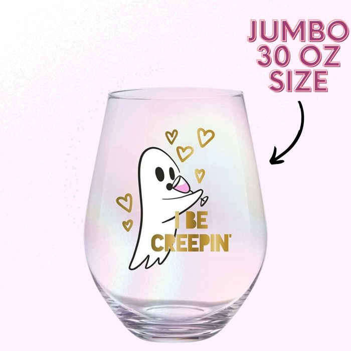 Cute Ghost "I Be Creepin" Jumbo Stemless Wine Glass in Iridescent | 30 Oz. | Holds an Entire Bottle of Wine