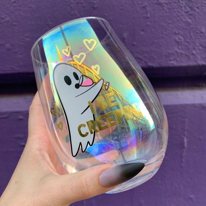 Cute Ghost "I Be Creepin" Jumbo Stemless Wine Glass in Iridescent | 30 Oz. | Holds an Entire Bottle of Wine