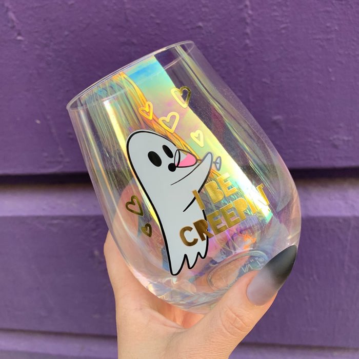 Cute Ghost "I Be Creepin" Jumbo Stemless Wine Glass in Iridescent | 30 Oz. | Holds an Entire Bottle of Wine