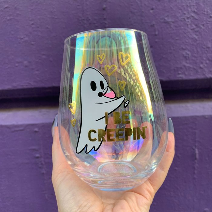 Cute Ghost "I Be Creepin" Jumbo Stemless Wine Glass in Iridescent | 30 Oz. | Holds an Entire Bottle of Wine