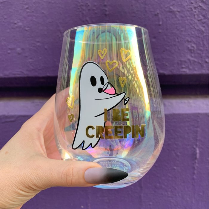 Cute Ghost "I Be Creepin" Jumbo Stemless Wine Glass in Iridescent | 30 Oz. | Holds an Entire Bottle of Wine