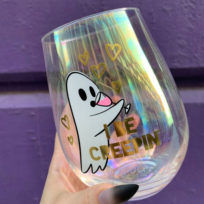 Cute Ghost "I Be Creepin" Jumbo Stemless Wine Glass in Iridescent | 30 Oz. | Holds an Entire Bottle of Wine