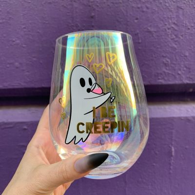 Cute Ghost "I Be Creepin" Jumbo Stemless Wine Glass in Iridescent | 30 Oz. | Holds an Entire Bottle of Wine