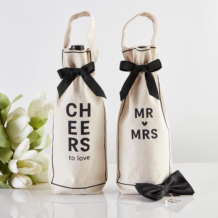 Mr and Mrs Wine Bag | Cotton Canvas Carrier Beverage Gift Bag | Wedding Anniversary Gift