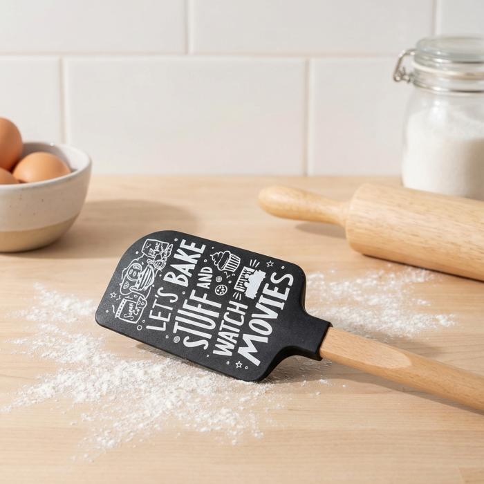 Let’s Bake Stuff and Watch Movies Silicone Spatula with Wooden Handle | Heat Resistant Kitchen Baking Utensil