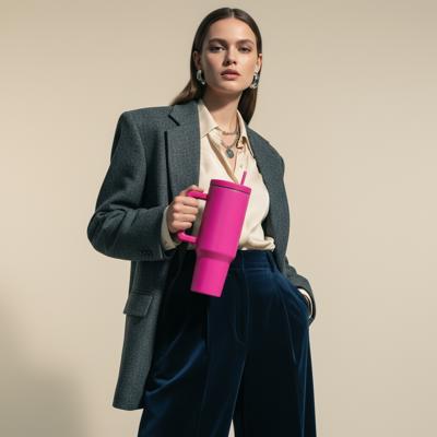 40 oz Raspberry Monochrome Tumbler with Handle and Straw Lid | Cup Holder Friendly Insulated Stainless Steel Travel Mug