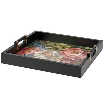 Moody Floral Wooden Tray | Dark Floral Serving Tray with Gold Handles