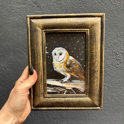 Night Barn Owl Framed Art | Halloween Vintage Style Desk Room Home Decor | 7" x 8.75"