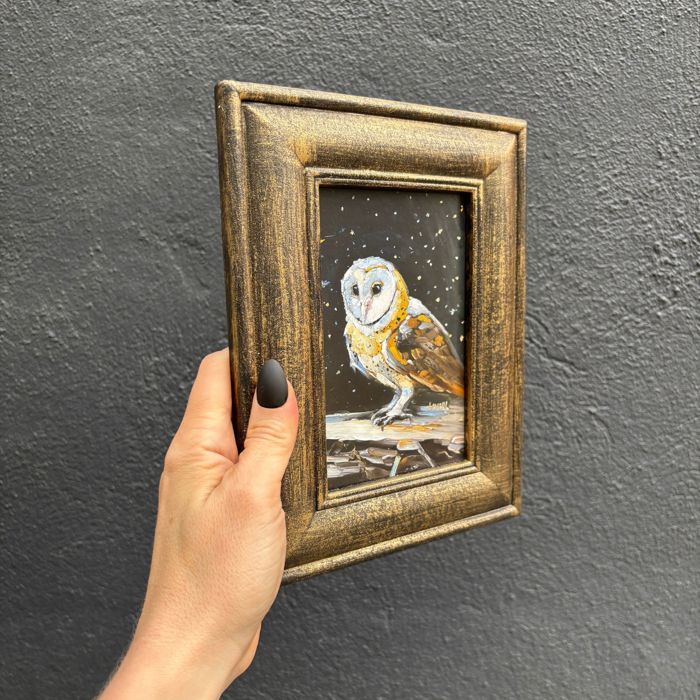 Night Barn Owl Framed Art | Halloween Vintage Style Desk Room Home Decor | 7" x 8.75"