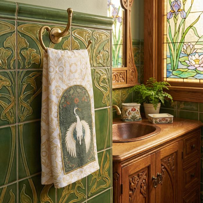 Nouveau Crane Cotton Kitchen Towel | Bird Pattern Hand Tea Dish Cloth | 20" x 28"