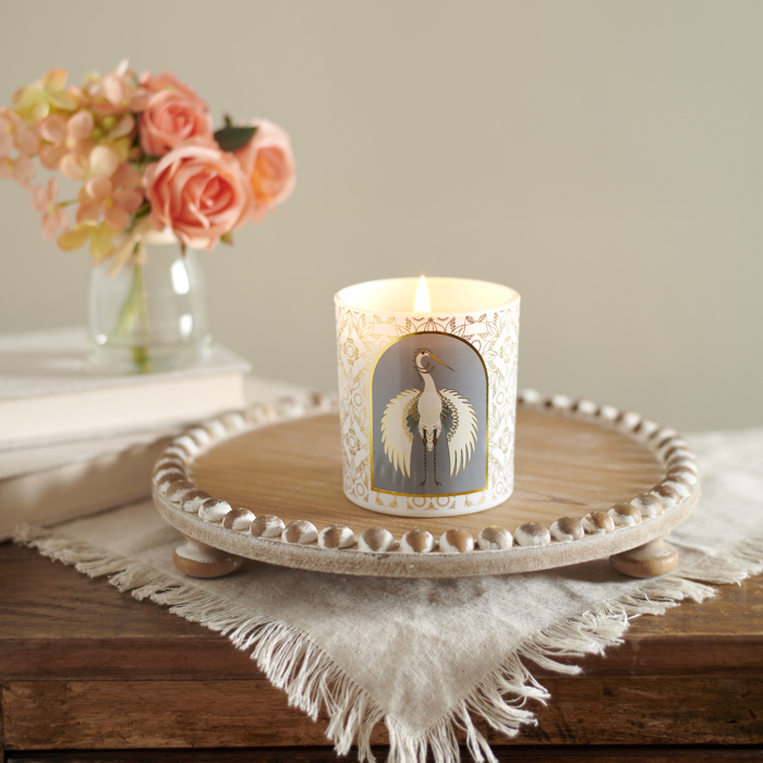 Nouveau Crane Sage Scent Jar Candle | Bird Pattern Metallic Gold Accent Frosted Glass | 35hrs Burn Time