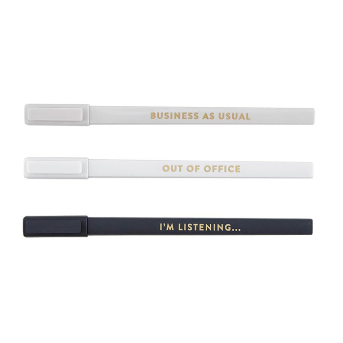 Office Soft Touch Pen Set of 3 | Business as Usual, Out of Office, I'm Listening | Refillable Giftable Pens in Box