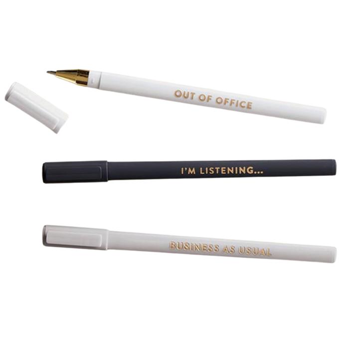 Office Soft Touch Pen Set of 3 | Business as Usual, Out of Office, I'm Listening | Refillable Giftable Pens in Box