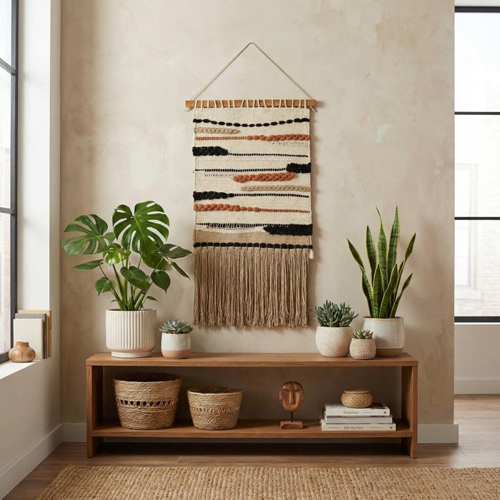 Ophelia Boho Woven Wall Hanging | Cotton Fringe Tapestry with Wooden Rod