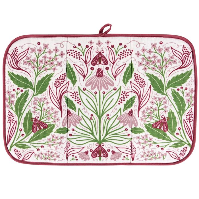 Purple Floral Drying Mat | Folk Art Flower & Butterfly Dish Drainer Pad | 21" x 14"