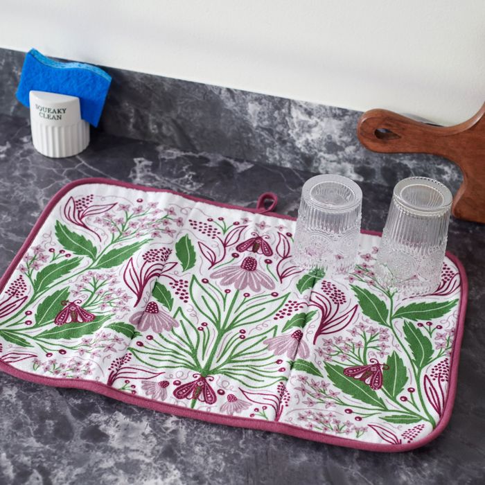 Purple Floral Drying Mat | Folk Art Flower & Butterfly Dish Drainer Pad | 21" x 14"