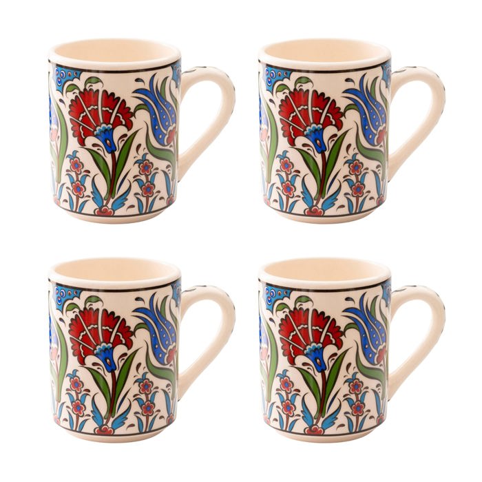 Boxed Gift Set of 4 Handmade Mugs - Turkish Flowers, Hand Painted