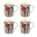 Large Red Clove and Dotted Blue Tulips Boxed Gift Set of 4 Handmade Mugs - Turkish Flowers, Hand Painted