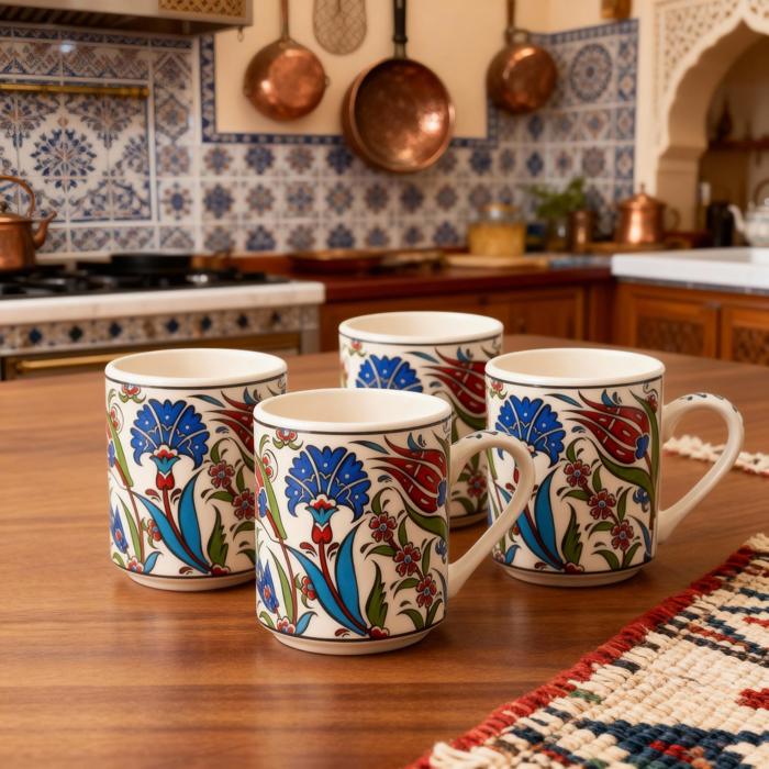 Boxed Gift Set of 4 Handmade Mugs - Turkish Flowers, Hand Painted
